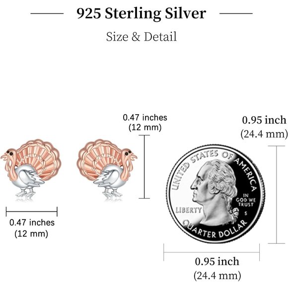 925 Sterling Silver Thanksgiving Turkey Earrings for Women Hypoallergenic Stud J - Picture 6 of 6